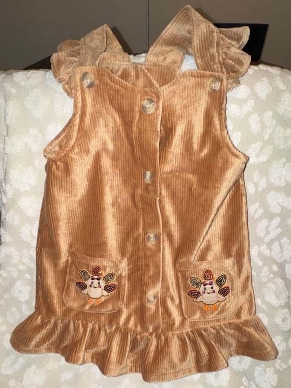 Little Lass Girls Corduroy Turkey Thanksgiving Dress 3T Brown